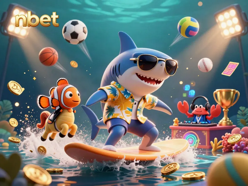 Experience dynamic gameplay at nbet while a shark surfs on gold coins amidst vibrant casino elements.