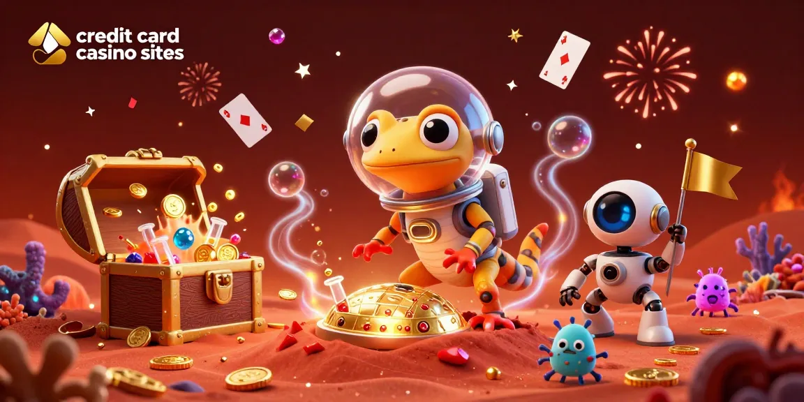 Martian gecko exploring golden casino, showcasing credit card casino sites in vibrant 3D illustration.