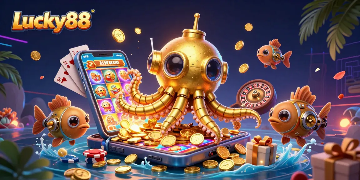 Experience thrilling wins with Lucky88 in a vibrant casino-themed 3D illustration featuring slots and gold.