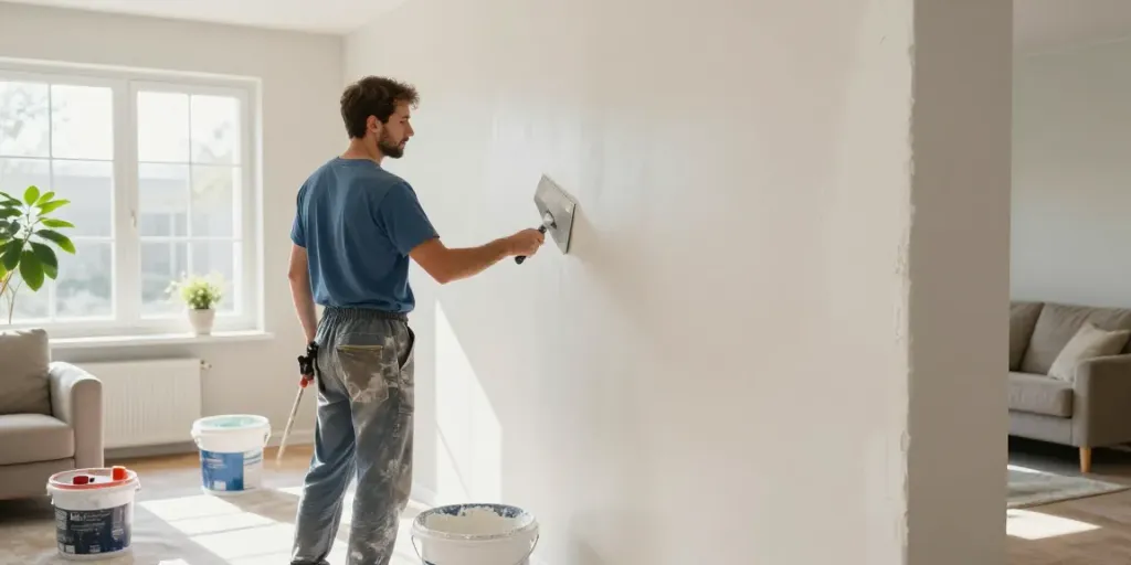 Plastering Service London professional applying smooth finish in a bright living room.