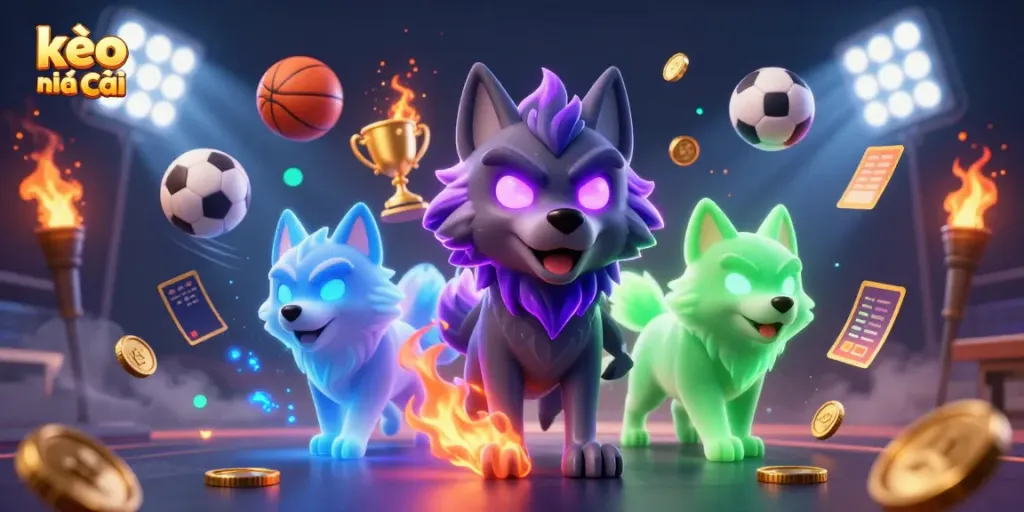 Engaging kèo nhà cái scene highlighting a shadow wolf and sports elements, delivering thrilling betting insights.