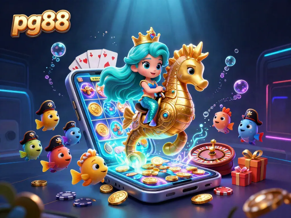 Experience the exciting world of pg88 with a vibrant underwater casino adventure featuring a mermaid and seahorse.