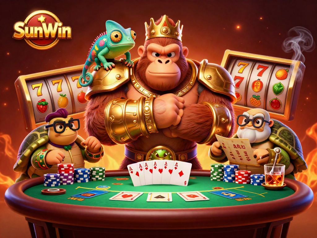 Engage in thrilling poker action with SunWin's vibrant gaming scene featuring colorful characters.