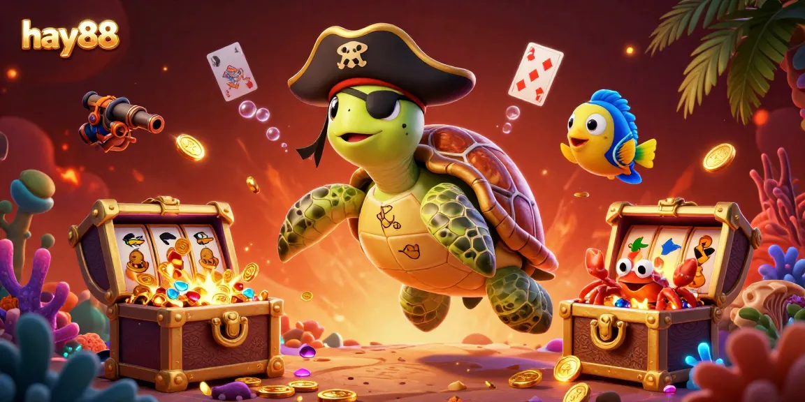 Experience the excitement of hay88 with a vibrant 3D illustration of a pirate turtle surrounded by treasure and game-themed elements.