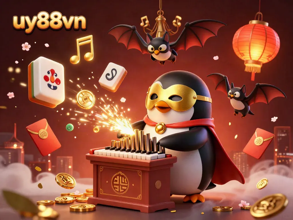 Spin the reels at uy88vn with a penguin organist amidst flying gold coins and festive decor.