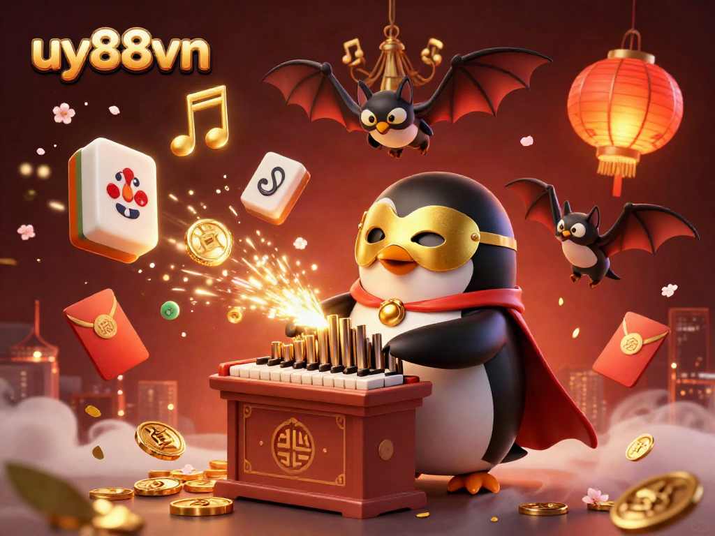 Spin the reels at uy88vn with a penguin organist amidst flying gold coins and festive decor.