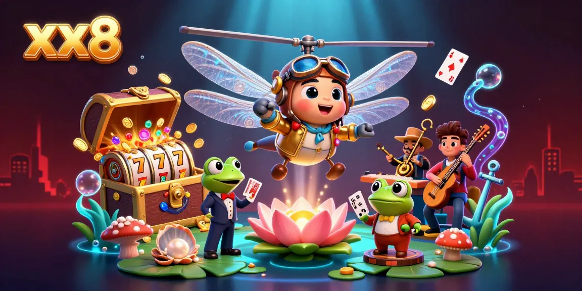 Experience xx8's vibrant 3D casino world with dynamic characters, cards, and a treasure-filled underwater scene.