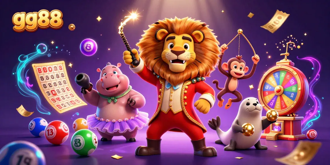 Experience the excitement of gg88 with a lively circus-themed casino illustration showcasing vibrant characters and gaming elements.