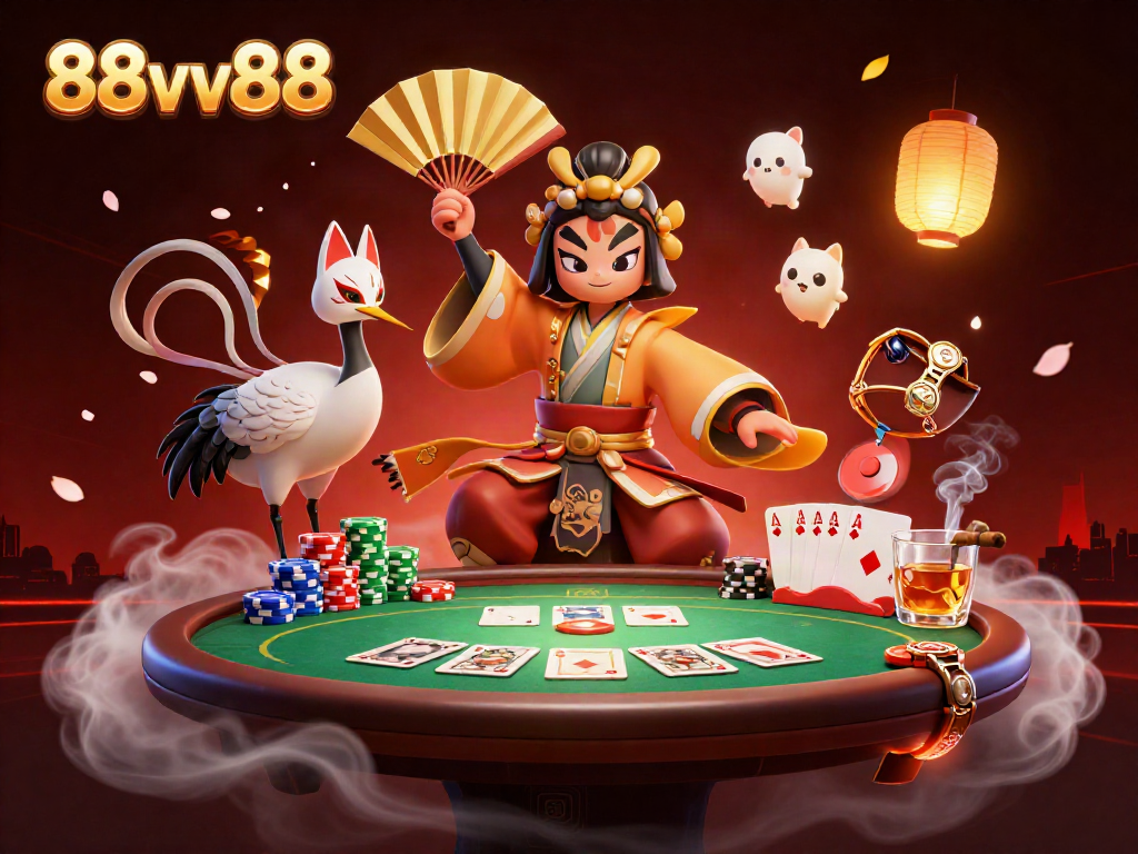 Experience the energetic atmosphere of 88vv88 with a kabuki warrior and a kitsune in a vibrant casino scene.