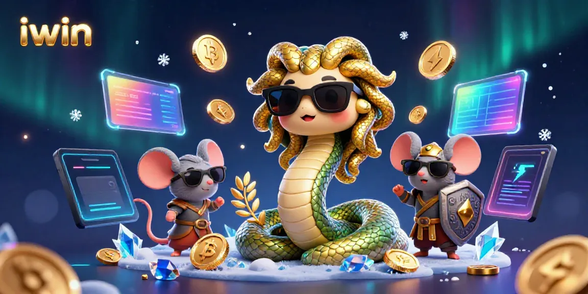 Engage in thrilling gameplay at iwin featuring Medusa and a shielded warrior, amidst vibrant neon crypto elements.