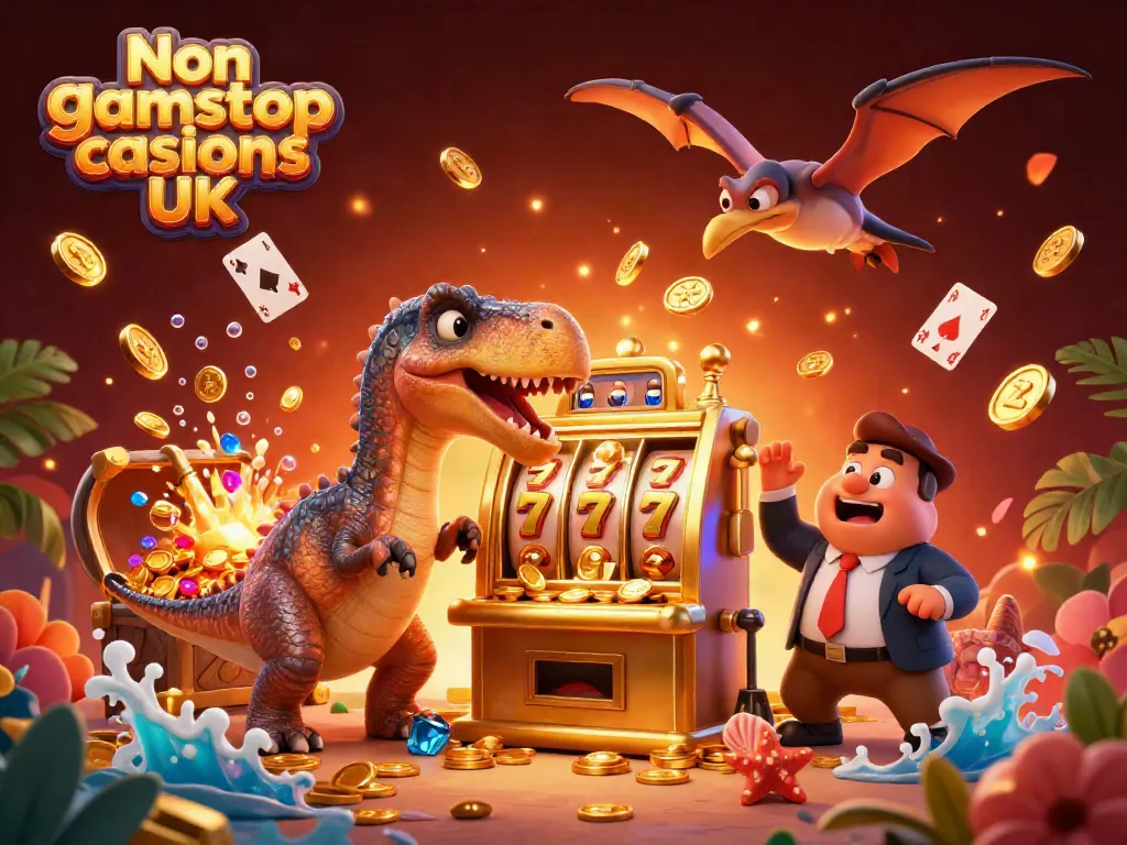 Experience excitement at Non gamstop casinos UK with a humorous scene featuring dinosaurs and a jackpot win.