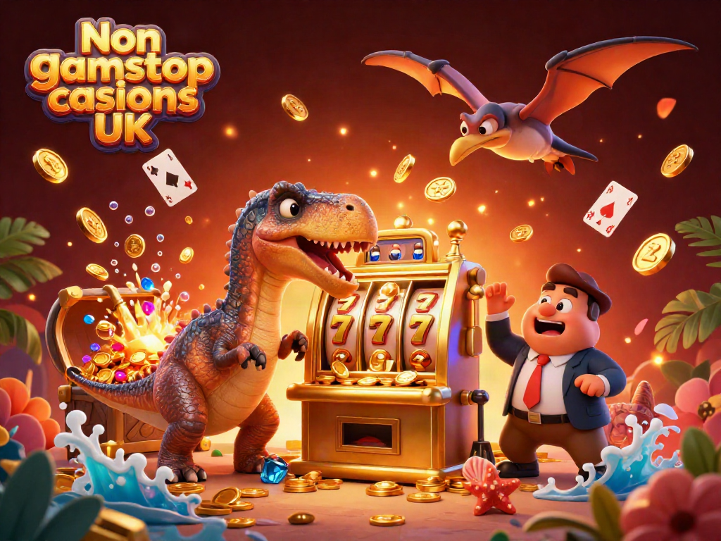 Experience excitement at Non gamstop casinos UK with a humorous scene featuring dinosaurs and a jackpot win.