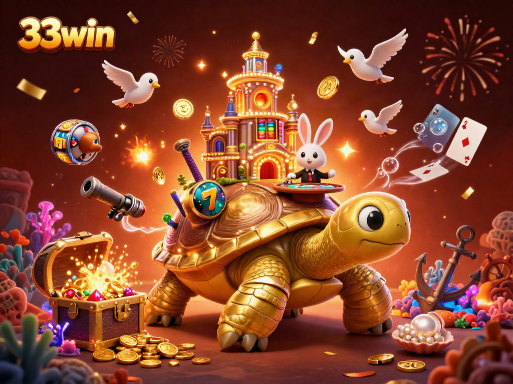 Experience the thrilling 33win casino adventure with a vibrant golden tortoise and celebratory elements.
