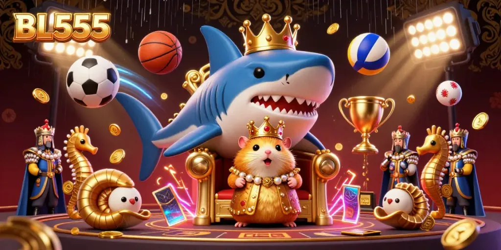 Join the excitement at BL555 with a fierce golden hamster king surrounded by dynamic sports betting elements.