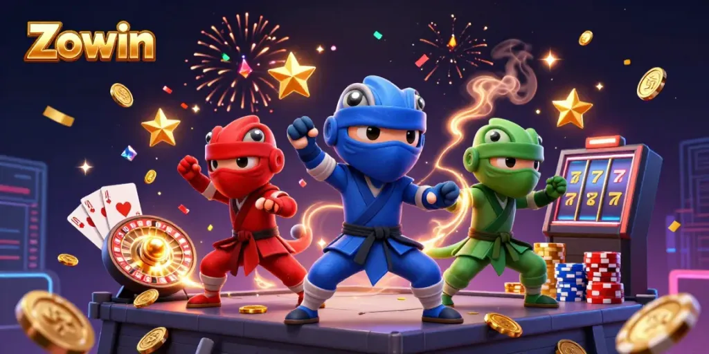 Zowin casino scene featuring colorful ninja chameleons amidst flying coins and a roulette wheel, creating an exciting gambling atmosphere.