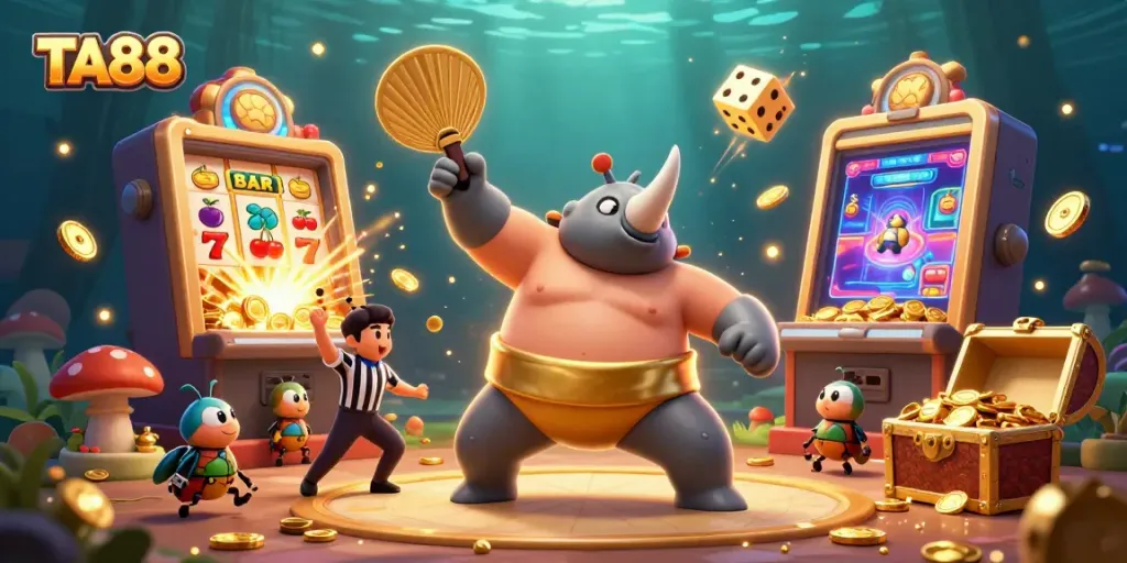TA88 offers thrilling casino gaming with vibrant visuals of a beetle champion amidst jackpots and excitement.