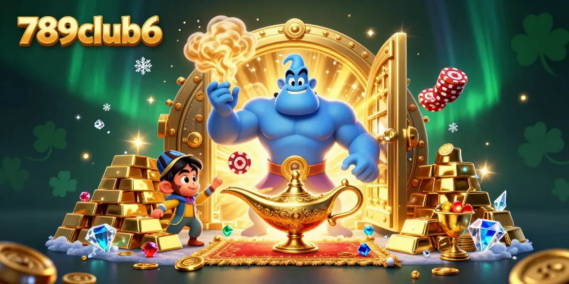 Experience the excitement at 789club6 with a magical casino illustration featuring a genie, gems, and gold.