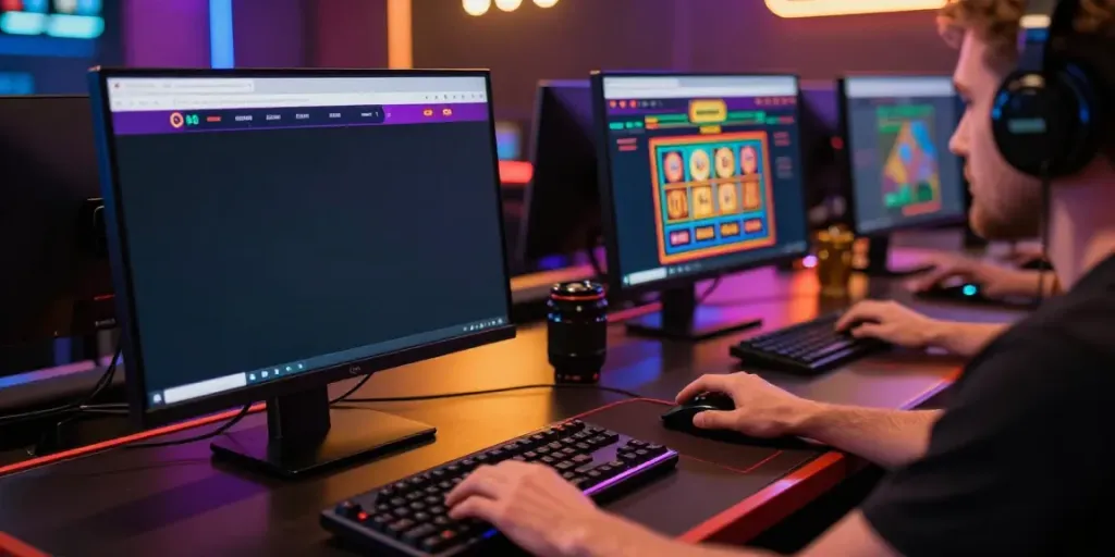 Engaging non UK casino gaming experience on a computer with neon lighting.