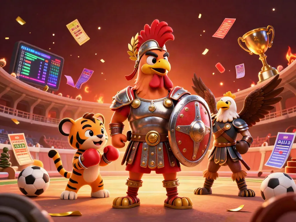 Soi kèo bóng đá hôm nay chính xác illustrated with a dynamic scene featuring a gladiator rooster and sports betting elements.