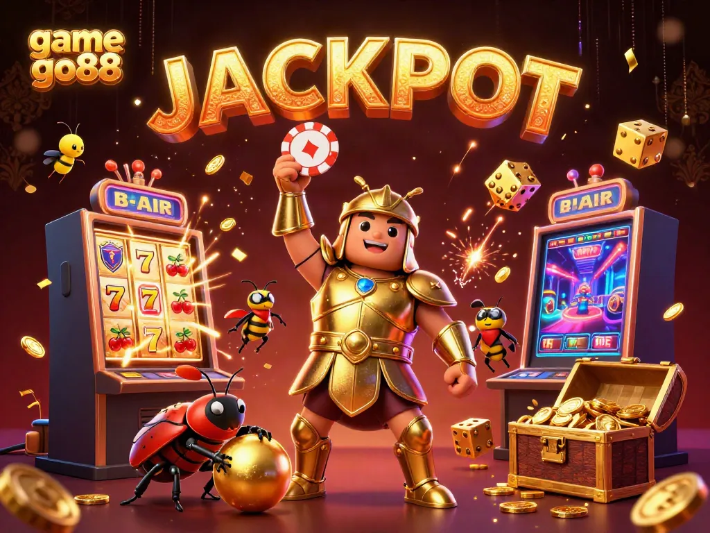 Experience exciting gameplay with game go88's 3D cartoon heroes celebrating a jackpot amidst vibrant casino elements.