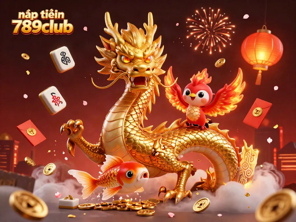 Join the excitement of nạp tiền 789club with an epic scene featuring a golden dragon, phoenix, and koi fish.