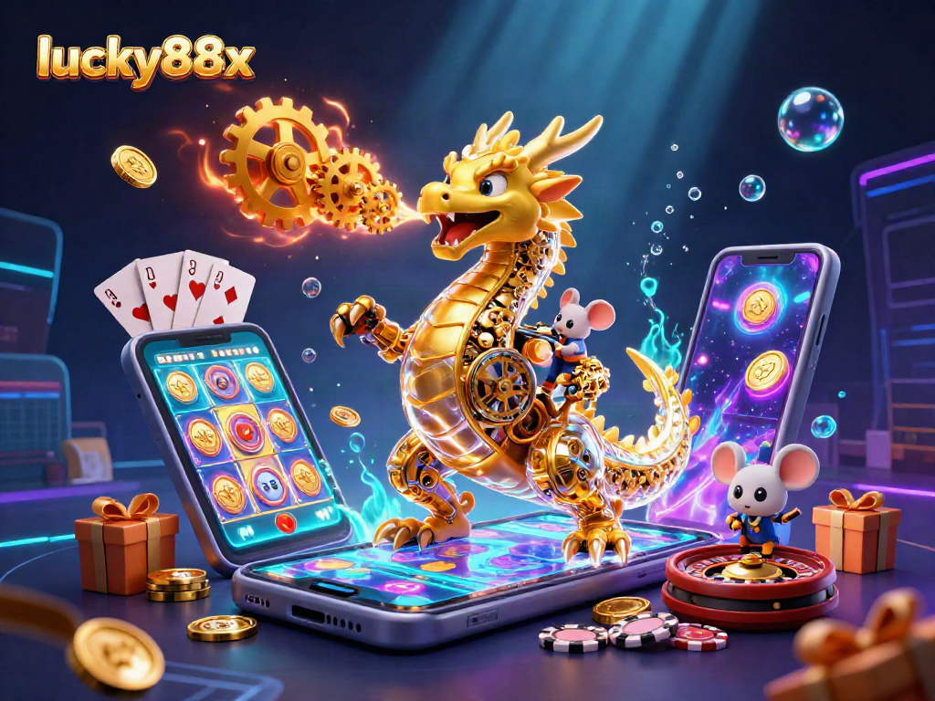 Engage in thrilling gameplay with lucky88x, featuring a golden dragon, spinning reels, and dynamic casino elements.
