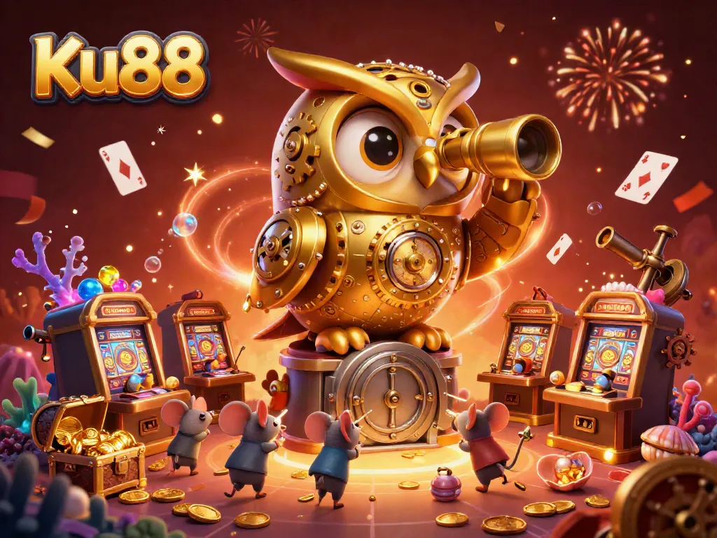 Experience the thrill of Ku88 casino with animated characters enjoying games and treasures in a vibrant scene.