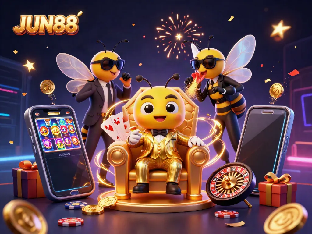 Experience thrilling gameplay at JUN88, where a cartoon mob boss oversees vibrant casino action.