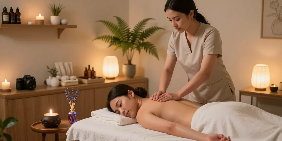 길동출장안마 - Relaxing massage therapy scene in a tranquil spa setting with warm lighting and essential oils.
