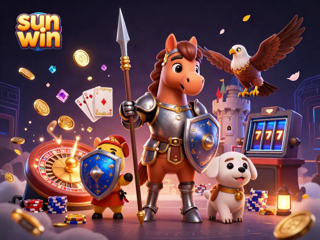 Experience the excitement of sun win with a knight, puppy, and falcon amidst casino treasures.