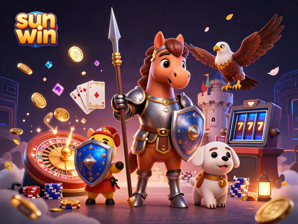 Experience the excitement of sun win with a knight, puppy, and falcon amidst casino treasures.