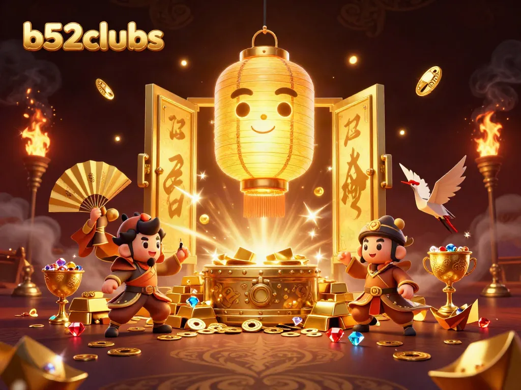 Engage in thrilling gameplay at b52clubs with cartoon characters amidst treasures and jackpot vibes.
