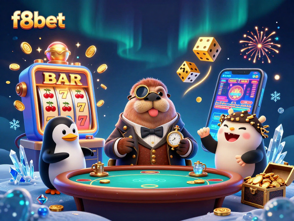 Experience the thrilling f8bet casino scene with a walrus and friends at an underwater poker table.