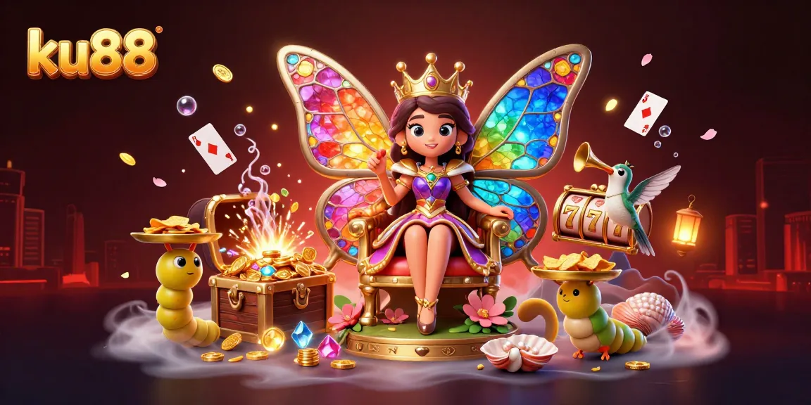 Experience the vibrant thrills of gambling with the ku88 butterfly queen amidst gold coins and slot reels.