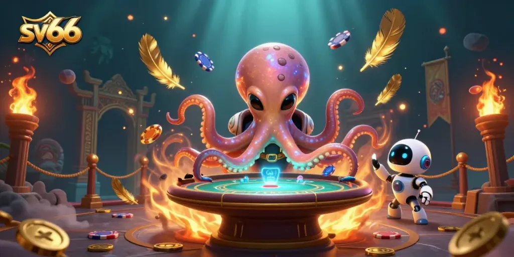Experience thrilling gameplay with sv66 at an otherworldly poker table, surrounded by exciting gambling action.