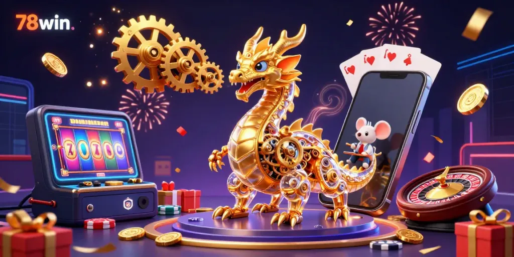 Experience thrilling gameplay at 78win with golden dragons, spinning slots, and festive energy.