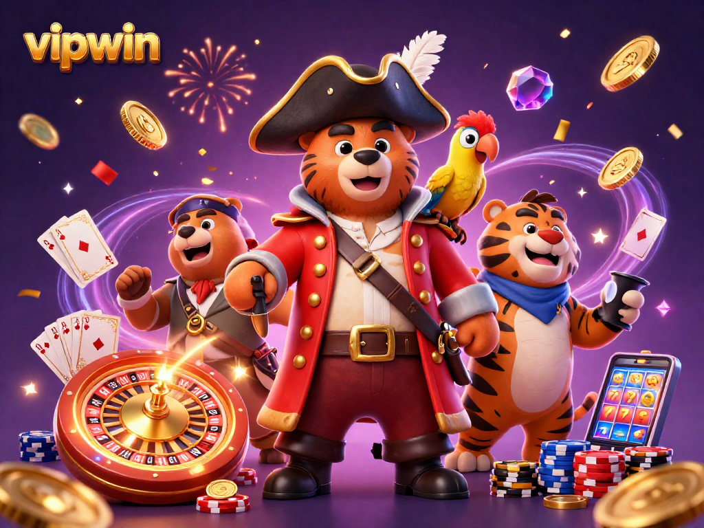 Experience thrilling gameplay at vipwin with animated pirate characters and vibrant casino elements.