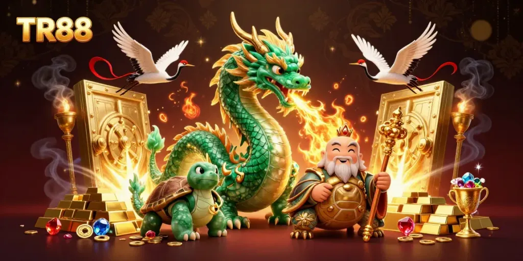 Win big at TR88 with a captivating scene of a jade dragon, turtle sage, and lucky cranes.