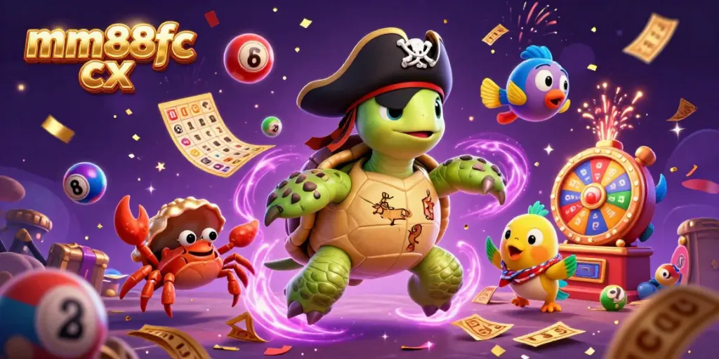 Engage with mm88fc cx in a vibrant 3D casino scene featuring a pirate turtle, and colorful dynamic gaming elements.