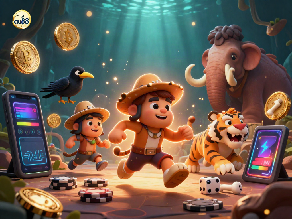 Experience the thrilling prehistoric casino action with au88's unique characters and vibrant crypto elements.