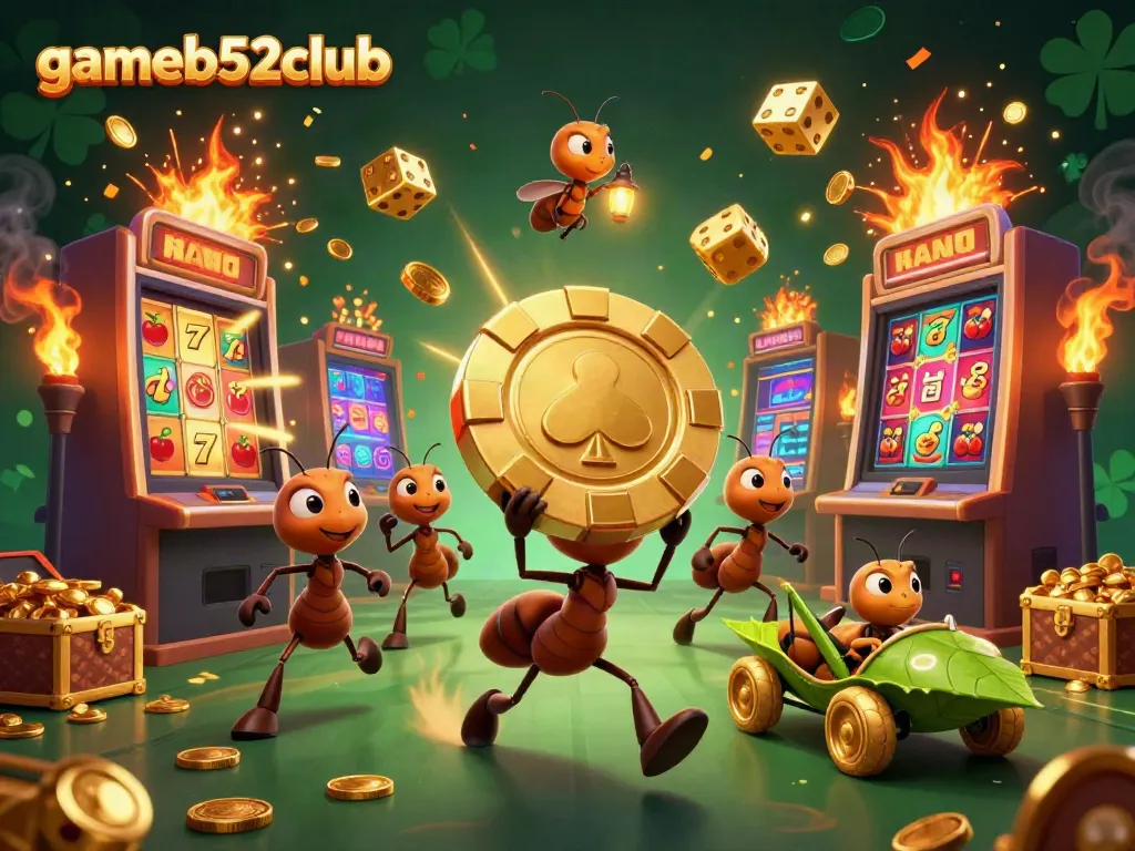 Experience the excitement of gameb52club with ants in a heist carrying a giant poker chip amidst a jackpot explosion.