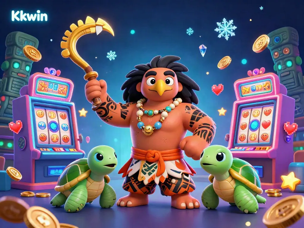 Kkwin showcases a vibrant 3D cartoon scene featuring exciting casino slot machines and enchanting game characters.