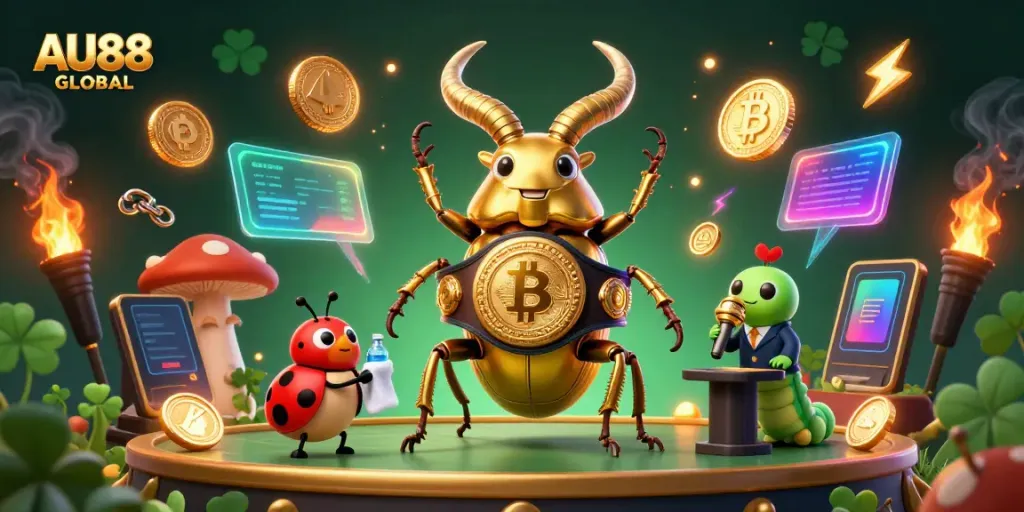 Engage in thrilling action with AU88 GLOBAL as cartoon characters and crypto elements collide in a vibrant casino scene.
