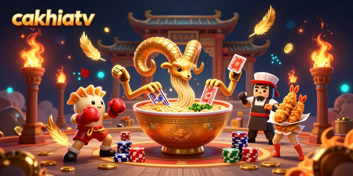 Engage with cakhiatv's lively 3D cartoon scene of a golden ramen bowl, dealers, and cheering tempura shrimp, showcasing an energetic gambling atmosphere.