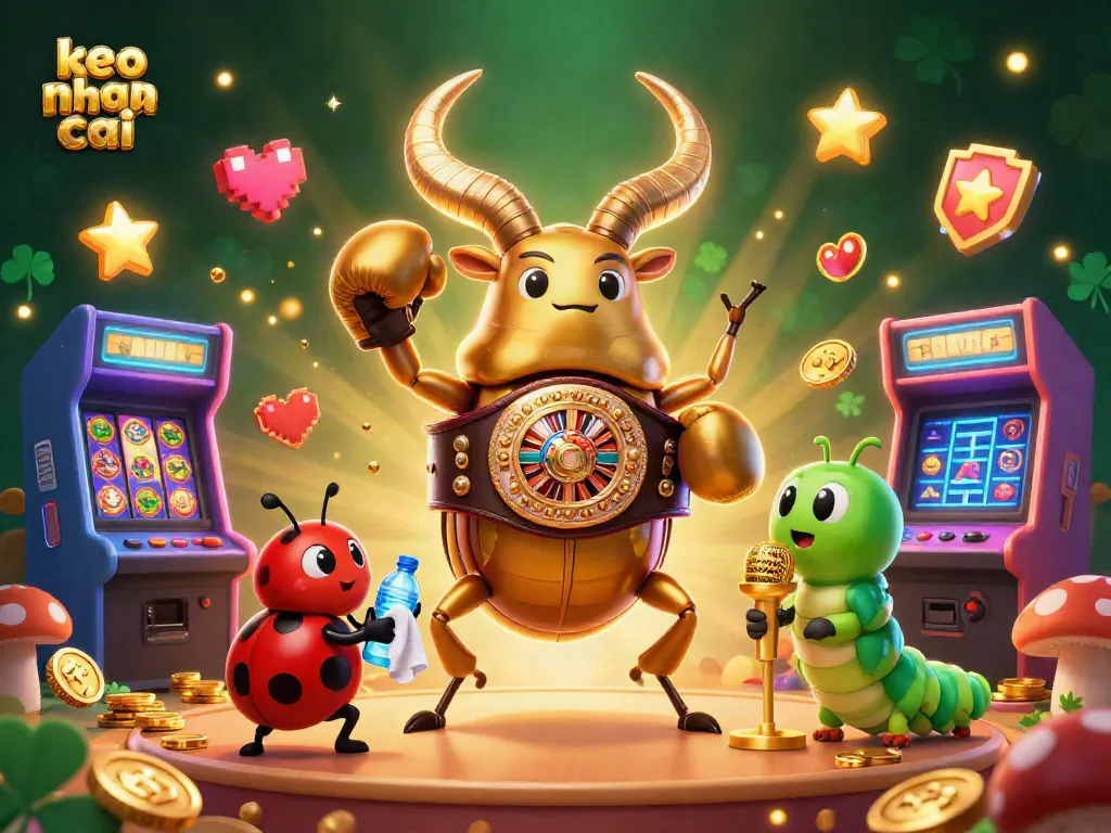 Engage with keo nha cai as a giant stag beetle battles for a jackpot amid colorful slot machines.