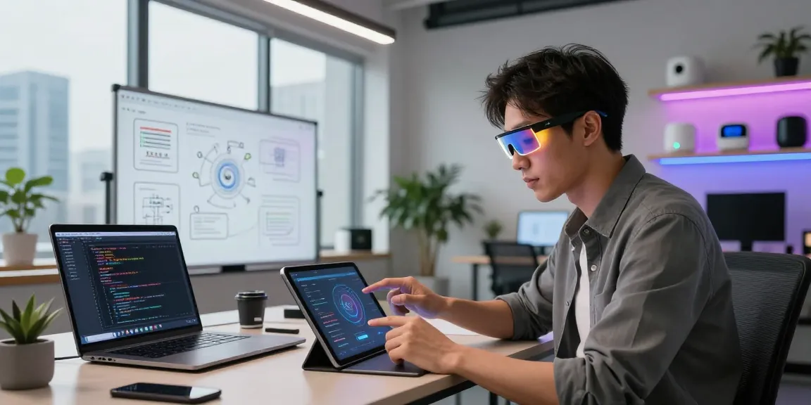 Individual exploring augmented reality applications while wearing smart glasses in a modern tech office.