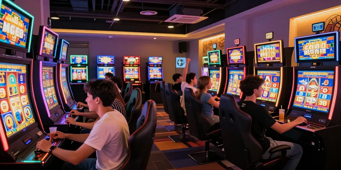 Situs slot deposit 10 ribu scene with players enjoying exciting slot games in a vibrant gaming lounge.