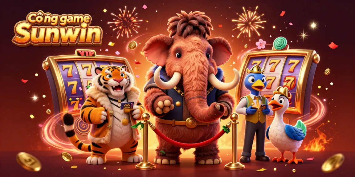 Cổng game Sunwin features a woolly mammoth checking IDs, emphasizing vibrant slot reels and exciting casino atmosphere.