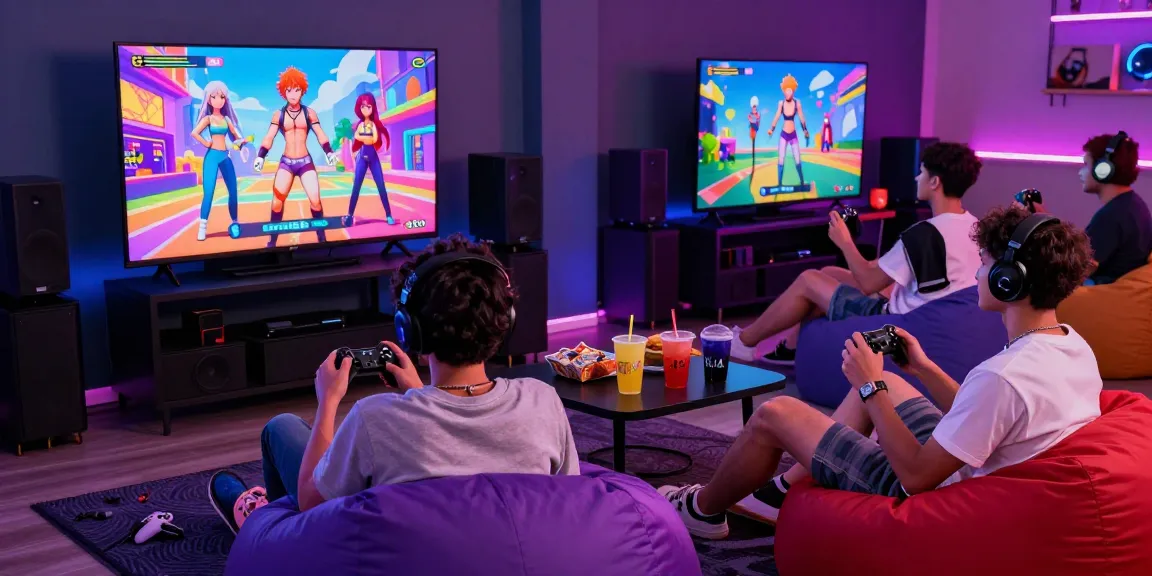 Interactive gaming scene showcasing players enjoying gay hentai games with colorful animations and a vibrant atmosphere.