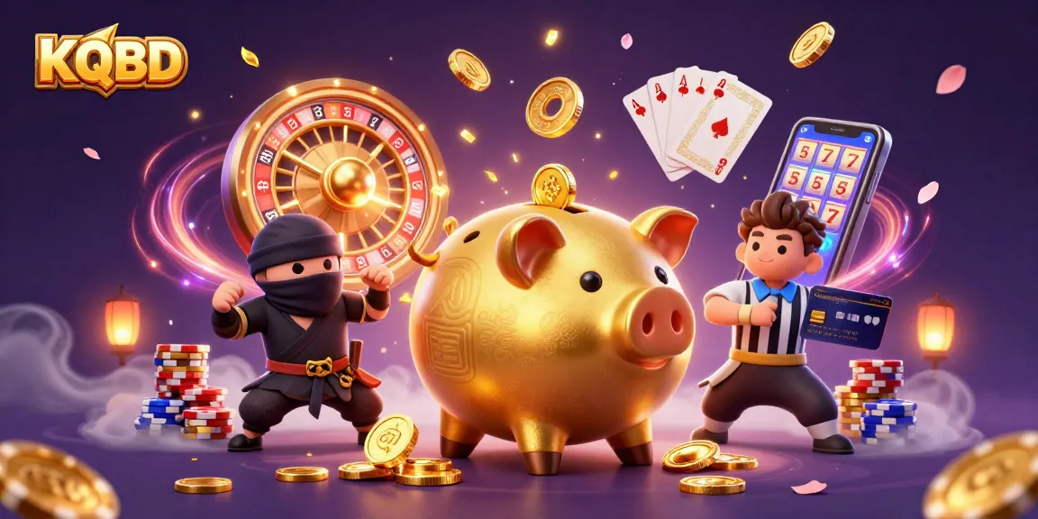 KQBD showcases vibrant gambling action with golden coins cascading around characters in a dynamic casino scene.